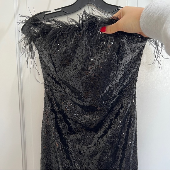 Lulus Total Head-Turner Black Sequin Feather Strapless Maxi Dress - Picture 5 of 7